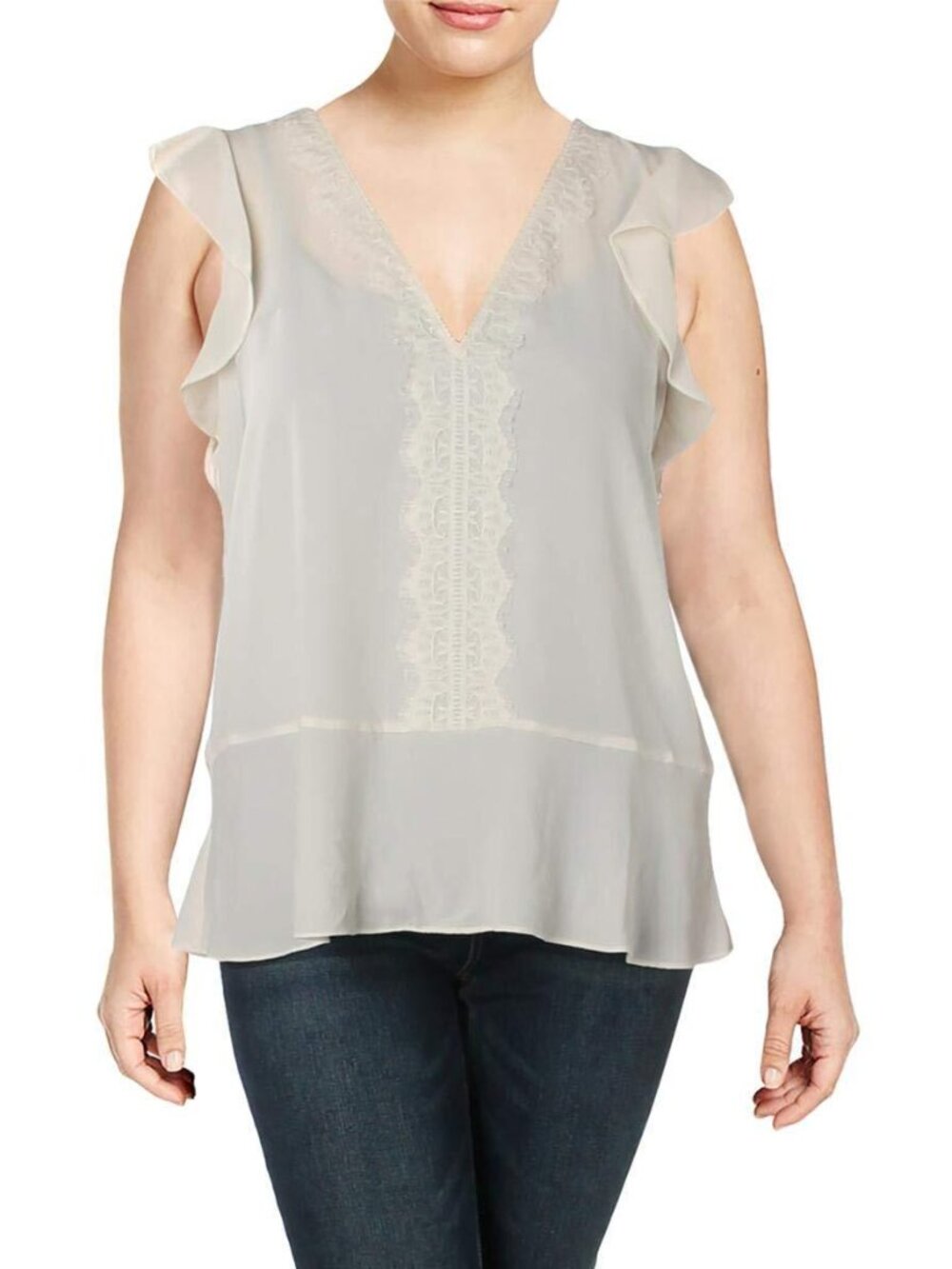 Michael Michael Kors Womens V Neck Lace Trim Top Color BONE/BLACK